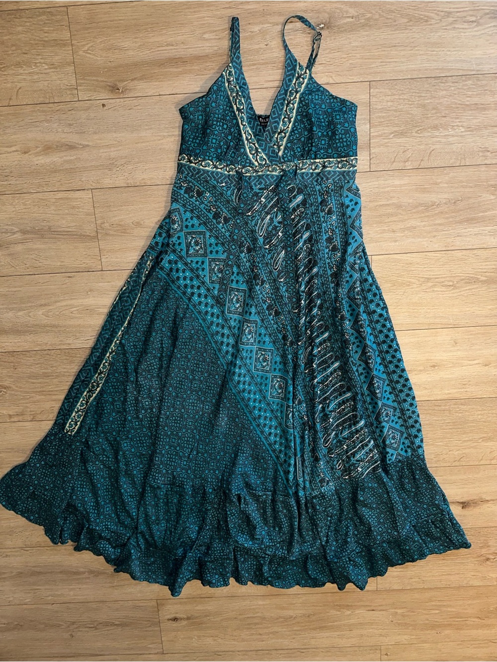 CELINA- Bohemian Teal V-Neck Maxi Dress with Tie Front - Picture 3 of 8